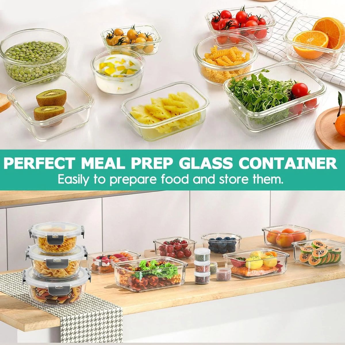 34Pcs Glass Food Storage Containers with Lids Set, Airtight Meal Prep Containers (17 Containers & 17 Lids), Grey