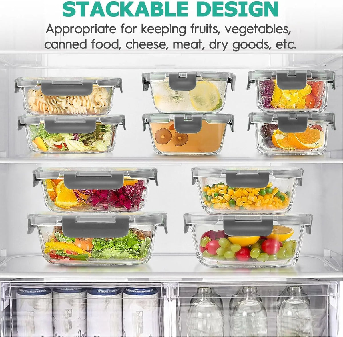 34Pcs Glass Food Storage Containers with Lids Set, Airtight Meal Prep Containers (17 Containers & 17 Lids), Grey