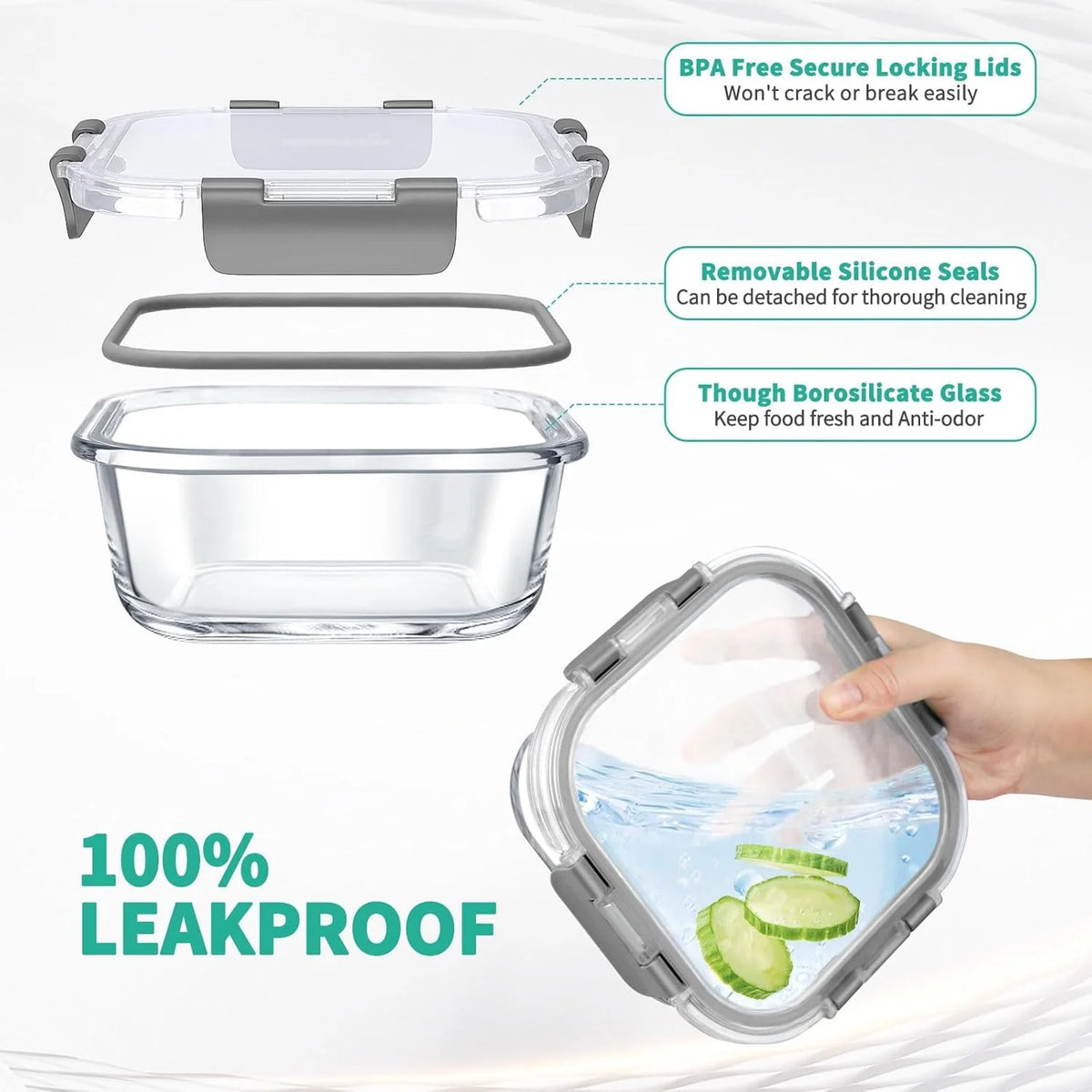 34Pcs Glass Food Storage Containers with Lids Set, Airtight Meal Prep Containers (17 Containers & 17 Lids), Grey